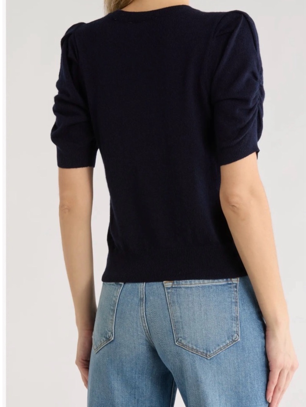 FRAME Frankie Ruched Puff Sleeve cashmere sweater  Navy Blue XL - Picture 3 of 9